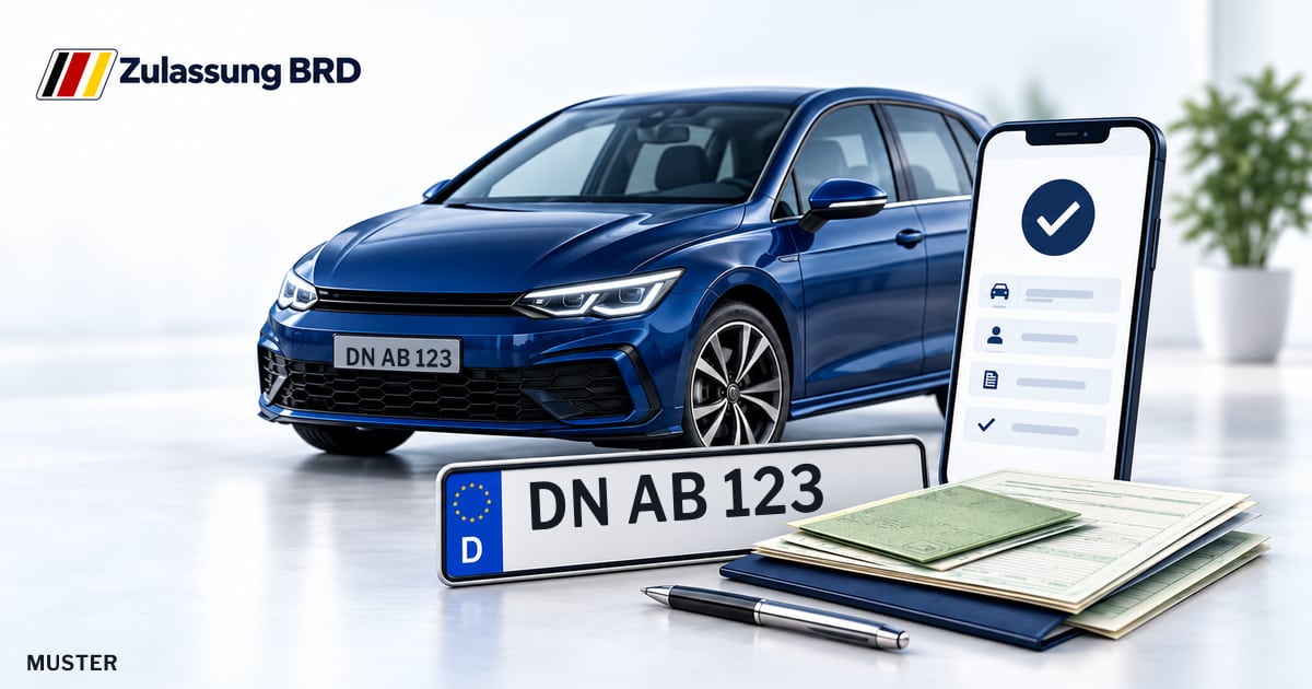 Online Fahrzeugzulassung in Linnich: Musterkennzeichen DN AB 123, Auto und Fahrzeugpapiere und Smartphone. Illustration mit Logo von Zulassung BRD.
